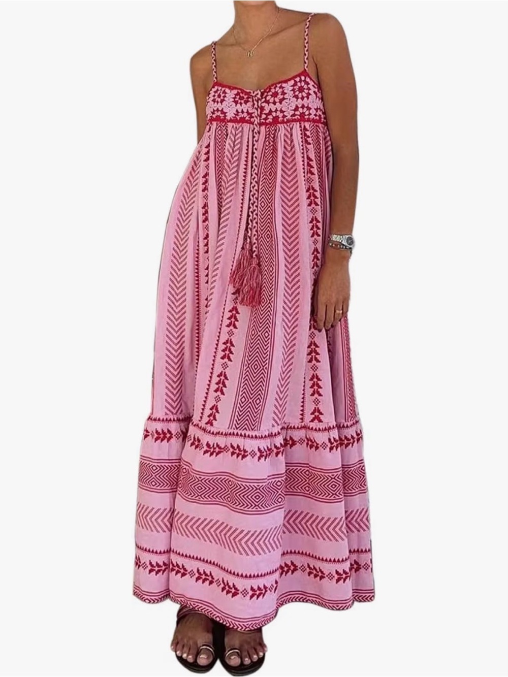 Pink Embroidered Boho Maxi Dress